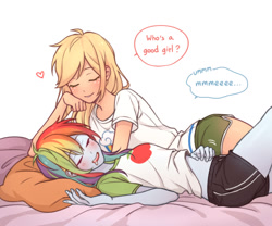 Size: 1200x1000 | Tagged: safe, artist:dcon, character:applejack, character:rainbow dash, ship:appledash, my little pony:equestria girls, bed, clothes swap, clothing, cute, dawwww, dialogue, eyes closed, female, lesbian, pillow, shipping, sleep talking, sleeping, speech bubble