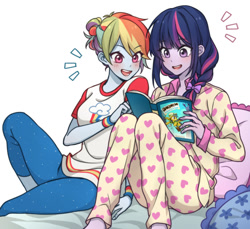 Size: 1200x1100 | Tagged: safe, artist:dcon, character:rainbow dash, character:twilight sparkle, ship:twidash, my little pony:equestria girls, alternate hairstyle, anime, book, braid, clothing, duo, female, lesbian, long hair, pajamas, reading, shipping, smiling
