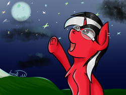 Size: 800x600 | Tagged: safe, artist:luriel maelstrom, oc, oc only, oc:rosalia, species:pony, species:unicorn, chest fluff, cloud, glasses, looking up, moonlight, mountain, night, night sky, open mouth, piercing, raised hoof, shine, signature, simple background, sky, stars