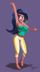 Size: 2314x4096 | Tagged: safe, artist:jeglegator, character:desert sage, equestria girls:spring breakdown, g4, my little pony: equestria girls, my little pony:equestria girls, spoiler:eqg series (season 2), adorasexy, armpits, background human, bare shoulders, boob swing, breasts, bustier, busty desert sage, clothing, cute, desert sage, eyeshadow, female, jewelry, necklace, open mouth, pants, pearl necklace, purple background, sageabetes, sandals, sexy, signature, simple background, solo, strapless, sweat