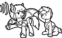 Size: 246x150 | Tagged: safe, artist:crazyperson, oc, oc:witching hour, species:alicorn, species:bat pony, species:pony, fallout equestria, black and white, ear tufts, fallout equestria: commonwealth, fanfic art, generic pony, grayscale, hoof shoes, monochrome, night guard, picture for breezies, pointing, simple background, transparent background