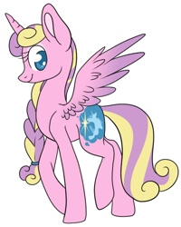 Size: 442x553 | Tagged: safe, artist:srsishere, character:princess skyla, species:alicorn, species:pony, braided ponytail, cutie mark, eyeshadow, female, makeup, mare, older, ponytail, simple background, smiling, solo, spread wings, walking, white background, wings