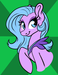 Size: 363x469 | Tagged: safe, artist:srsishere, character:mane-iac, species:earth pony, species:pony, abstract background, alternate hair color, alternate hairstyle, clothing, female, lidded eyes, mare, raised hoof, shawl, smiling, solo, tresemme, younger