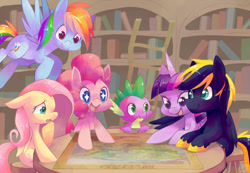 Size: 1280x887 | Tagged: safe, artist:sharmie, character:fluttershy, character:pinkie pie, character:rainbow dash, character:spike, character:twilight sparkle, character:twilight sparkle (alicorn), oc, oc:zephyr, species:alicorn, species:pony, book, bookshelf, ladder, library, map, shipping, twiphyr