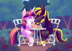 Size: 1023x727 | Tagged: safe, artist:sharmie, character:twilight sparkle, character:twilight sparkle (alicorn), oc, oc:zephyr, species:alicorn, species:pony, blushing, boop, bush, cake, canon x oc, drink, drinking straw, flower, food, muffin, noseboop, shipping, tree, twiphyr