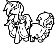Size: 188x150 | Tagged: safe, artist:crazyperson, species:pony, fallout equestria, artificial alicorn, black and white, duo, fallout equestria: commonwealth, fanfic art, female, grayscale, green alicorn (fo:e), mare, monochrome, picture for breezies, raised hoof, robe, simple background, transparent background