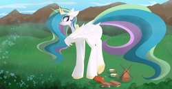 Size: 5752x3000 | Tagged: safe, artist:posionjoke, character:princess celestia, species:alicorn, species:griffon, species:pony, dock, female, giantlestia, imminent crushing, imminent death, macro, mare, this will end in death, this will end in detention, windmill