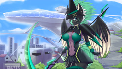 Size: 3500x1969 | Tagged: safe, artist:redwix, oc, oc only, oc:alpine apotheon, species:anthro, anime crossover, armor, breasts, city, cityscape, crossover, female, igalima, kirika akatsuki, nipple outline, nipples, outfit, scythe, senki zessho symphogear, symphogear, unconvincing armor, wallpaper, weapon, ych result