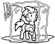 Size: 188x150 | Tagged: safe, artist:crazyperson, species:pony, species:unicorn, fallout equestria, black and white, bondage, clothing, encasement, fallout equestria: commonwealth, fanfic art, frozen, generic pony, grayscale, ice, monochrome, picture for breezies, raised hoof, simple background, solo, transparent background, vault suit