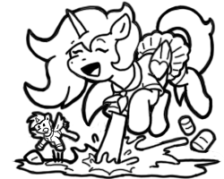 Size: 250x200 | Tagged: safe, artist:crazyperson, species:pony, fallout equestria, black and white, duo, eyes closed, fallout equestria: commonwealth, fanfic art, female, grayscale, mare, monochrome, picture for breezies, purple alicorn (fo:e), simple background, splashing, transparent background