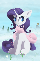 Size: 4376x6552 | Tagged: safe, artist:posionjoke, character:rarity, species:pony, species:unicorn, absurd resolution, city, clothing, crystaller building, female, flower, hooves, horn, lineless, manehattan, mare, scarf, sitting, solo, tree
