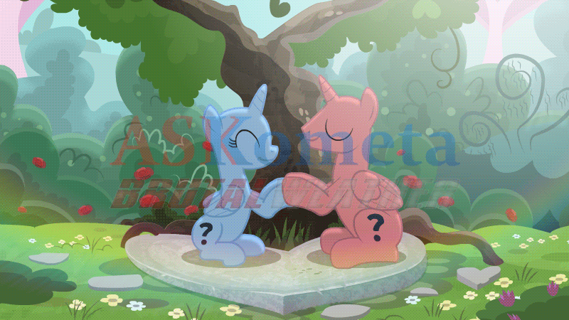 Size: 800x450 | Tagged: safe, artist:askometa, artist:brutalweather studio, species:alicorn, species:pony, animated, bush, butterfly, caption, cloud, commission, eyes closed, female, floppy ears, flower, gif, gif with captions, grass, heart, holiday, kissing, loop, male, mare, obtrusive watermark, sky, stallion, tree, valentine's day, watermark, your character here