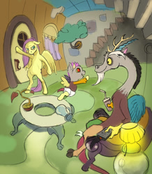 Size: 782x895 | Tagged: safe, artist:gor1ck, character:discord, character:fluttershy, oc, species:pegasus, species:pony, ship:discoshy, children, female, lamp, male, shipping, straight, table, tabun art-battle