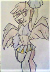Size: 350x505 | Tagged: safe, artist:midday sun, oc, oc:west wind, species:anthro, species:pegasus, species:pony, armpits, cheerleader, crossdressing, limited color, makeup, male, simple background, soft color, stallion, traditional art