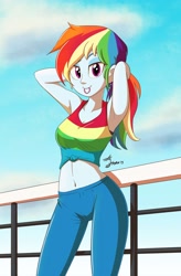 Size: 2480x3779 | Tagged: safe, artist:jeglegator, character:rainbow dash, equestria girls:spring breakdown, g4, my little pony: equestria girls, my little pony:equestria girls, spoiler:eqg series (season 2), armpits, belly button, clothing, cloud, female, front knot midriff, looking at you, midriff, pants, sexy, sky, sleeveless, solo, stupid sexy rainbow dash, tank top