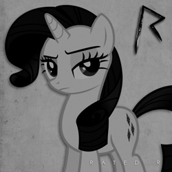 Size: 800x800 | Tagged: safe, artist:adrianimpalamata, character:rarity, album cover, black and white, female, grayscale, monochrome, parody, rated r, rihanna, solo