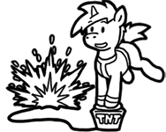 Size: 188x150 | Tagged: safe, artist:crazyperson, species:pony, species:unicorn, fallout equestria, black and white, clothing, explosion, explosives, fallout equestria: commonwealth, fanfic art, generic pony, grayscale, monochrome, picture for breezies, simple background, solo, tnt, transparent background, vault suit