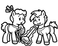 Size: 188x150 | Tagged: safe, artist:crazyperson, species:pony, species:unicorn, fallout equestria, black and white, clothing, crutches, duo, fallout equestria: commonwealth, fanfic art, generic pony, grayscale, hammer, magic, magic aura, monochrome, picture for breezies, simple background, sledgehammer, telekinesis, transparent background, vault suit