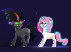 Size: 2193x1593 | Tagged: safe, artist:mylittlegodzilla, character:king sombra, character:princess celestia, species:pony, species:unicorn, ship:celestibra, angry, curved horn, female, horn, male, shipping, smiling, sombra eyes, straight, younger