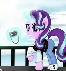 Size: 3600x3900 | Tagged: safe, artist:theretroart88, character:starlight glimmer, species:pony, species:unicorn, camera, clothing, cloud, female, levitation, looking at you, magic, mare, pants, rail, raised hoof, shoes, signature, sky, smiling, sneakers, solo, telekinesis, tourist, watermark