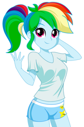 Size: 939x1422 | Tagged: safe, artist:rosemile mulberry, character:rainbow dash, my little pony:equestria girls, blue underwear, boyshorts, clothing, female, panties, ponytail, shirt, simple background, solo, underwear, white background