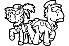 Size: 225x150 | Tagged: safe, artist:crazyperson, species:earth pony, species:pony, fallout equestria, black and white, clothing, diamond city, dress, duo, facial hair, fallout equestria: commonwealth, fanfic art, female, grayscale, hat, male, mare, monochrome, moustache, noble, picture for breezies, simple background, stallion, top hat, transparent background