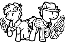Size: 225x150 | Tagged: safe, artist:crazyperson, species:pony, species:unicorn, fallout equestria, black and white, clothing, dress, fallout equestria: commonwealth, fanfic art, fedora, female, gangster, grayscale, hat, knife, magic, magic aura, male, mare, monochrome, picture for breezies, pinstripes, simple background, stallion, telekinesis, tommy gun, transparent background