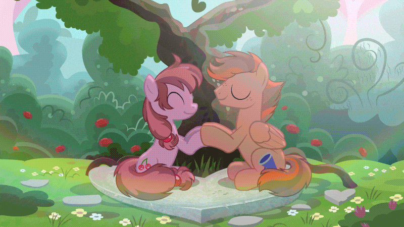 Size: 800x450 | Tagged: safe, artist:askometa, artist:brutalweather studio, oc, oc only, species:earth pony, species:pegasus, species:pony, animated, bush, butterfly, cloud, commission, eyes closed, female, floppy ears, flower, freckles, gif, grass, heart, holiday, kissing, loop, male, mare, sky, stallion, tree, valentine's day, ych result
