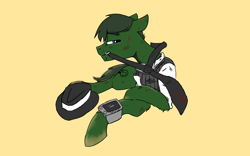 Size: 1920x1200 | Tagged: safe, artist:cold blight, oc, oc only, oc:private i, species:earth pony, species:pony, fallout equestria, blood, clothing, earth pony oc, hat, mouth hold, necktie, pipbuck, prone, scar