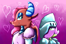 Size: 2160x1440 | Tagged: safe, artist:chiptunebrony, character:mina, character:spike, species:dragon, episode:hearts and hooves day, g4, my little pony: friendship is magic, bedroom eyes, cute, dragoness, female, floating heart, heart, holiday, knight, male, minabetes, princess, shipping, smiling, spina, straight, valentine's day
