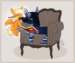 Size: 2960x2500 | Tagged: safe, artist:sugarstar, oc, oc only, oc:moonrise, oc:sunshinenya, species:pegasus, species:pony, species:unicorn, armchair, book, brother and sister, cute, female, hairbrush, horn, levitation, looking up, lying down, magic, male, mare, mouth hold, one eye closed, simple background, smiling, stallion, telekinesis, wings