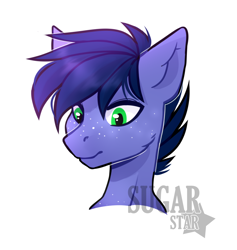 Size: 984x1040 | Tagged: safe, artist:sugarstar, oc, oc only, oc:dinka mish, species:pegasus, species:pony, bust, looking down, male, simple background, smiling, solo, stallion, white background