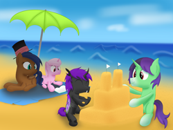 Size: 2828x2121 | Tagged: safe, artist:bladedragoon7575, oc, oc only, oc:crescent star, oc:kavidun, oc:lunar orbit, oc:tinker hooves, species:crystal pony, species:pony, beach, beach blanket, book, clothing, colt, crystal unicorn, family, female, fraternal twins, group, happy, hat, lying down, male, mare, ocean, playing, reading, sandcastle, sitting, smiling, stallion, top hat, twins, umbrella