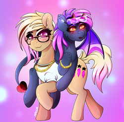 Size: 2401x2363 | Tagged: safe, artist:aaa-its-spook, oc, oc:cam, oc:spook, species:demon pony, species:earth pony, species:pony, accessories, cool, demon tail, female, friendship, glasses, horns