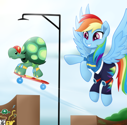 Size: 5600x5500 | Tagged: safe, artist:theretroart88, character:rainbow dash, character:tank, species:pegasus, species:pony, episode:sic skateboard, g4, my little pony: equestria girls, my little pony:equestria girls, spoiler:eqg series (season 2), absurd resolution, clothing, equestria girls ponified, female, flying, graffiti, jacket, lamp, lamppost, mare, movie accurate, pants, ponified, ramp, scene interpretation, signature, skateboard, tortoise, watermark