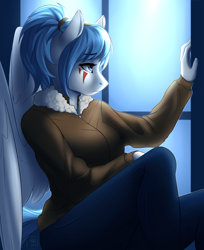Size: 2318x2846 | Tagged: safe, artist:fairdahlia, oc, oc only, oc:valkyrie, species:anthro, species:pegasus, species:pony, anthro oc, clothing, female, mare, solo, window