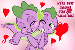 Size: 2160x1440 | Tagged: safe, artist:chiptunebrony, character:barb, character:spike, episode:hearts and hooves day, g4, my little pony: friendship is magic, barbabetes, blushing, cute, eyes closed, faec, female, heart, holiday, hug, male, message, one eye closed, ponidox, rule 63, rule63betes, self dragondox, self ponidox, selfcest, shipping, spikebarb, text, valentine's day