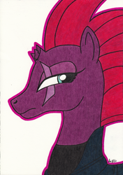 Size: 2451x3483 | Tagged: safe, artist:aracage, character:fizzlepop berrytwist, character:tempest shadow, species:pony, species:unicorn, my little pony: the movie (2017), broken horn, bust, eye scar, female, horn, portrait, scar, scar on the wrong side, solo, traditional art