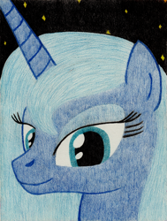 Size: 2457x3252 | Tagged: safe, artist:aracage, character:princess luna, species:alicorn, species:pony, bust, female, looking at you, pencil drawing, portrait, s1 luna, smiling, solo, stars, traditional art