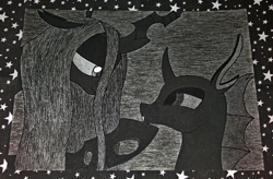 Size: 2000x1315 | Tagged: safe, artist:aracage, character:queen chrysalis, species:changeling, looking at each other, smiling, traditional art