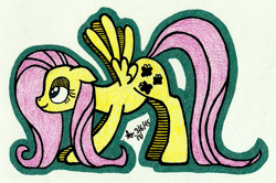 Size: 1947x1294 | Tagged: safe, artist:aracage, character:fluttershy, species:pegasus, species:pony, female, mare, solo, stretching, traditional art