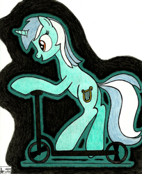 Size: 2453x3004 | Tagged: safe, artist:aracage, character:lyra heartstrings, species:pony, species:unicorn, female, mare, scooter, solo, traditional art