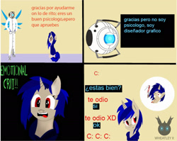 Size: 2408x1920 | Tagged: safe, artist:wheatley r.h., oc, oc only, oc:wheatley ii, oc:zoey gallade, species:pony, species:unicorn, 4 panel comic, angry, blood, bloody knife, clothing, comic, crit, critical hit, dialogue, emotional crit!, female, hair, happy, horn, implied oc, jacket, knife, lab coat, looking up, mane, mare, missing cutie mark, misspelling, old oc, old work, open mouth, personality core, portal (valve), portal 2, red eyes, shocked, simple background, spanish, spanish text, tall, thought bubble, translated in the description, unicorn oc, vector, watermark, wheatley, wings