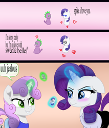 Size: 3499x4100 | Tagged: safe, artist:theretroart88, character:rarity, character:spike, character:sweetie belle, species:pony, ship:sparity, ship:spikebelle, angry, annoyed, blushing, clothing, comic, cross-popping veins, dialogue, eye contact, female, figurine, filly, frown, glare, glowing horn, gradient background, grin, gritted teeth, heart, heartbreak, jealous, levitation, lidded eyes, looking at each other, magic, male, mare, movie accurate, orange background, pants, pink background, rarity is not amused, shipping, shipping war, shirt, simple background, sisters, smiling, smirk, speech bubble, straight, telekinesis, text, unamused