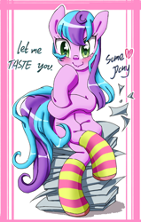 Size: 600x945 | Tagged: safe, artist:tastyrainbow, oc, oc only, species:pony, blushing, clothing, cute, happy, knee high socks, paper, sitting, smiley face, socks, solo, striped socks, thinking