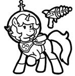 Size: 148x150 | Tagged: safe, artist:crazyperson, species:pony, species:unicorn, fallout equestria, black and white, blaster, energy weapon, fallout equestria: commonwealth, fanfic, fanfic art, female, generic pony, grayscale, gun, hazmat suit, hooves, horn, magical energy weapon, mare, monochrome, picture for breezies, raised hoof, ray gun, simple background, smiling, solo, transparent background, weapon