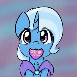 Size: 1653x1653 | Tagged: safe, artist:jubyskylines, character:trixie, species:pony, species:unicorn, episode:hearts and hooves day, g4, my little pony: friendship is magic, :3, abstract background, be mine, cape, chest fluff, clothing, cute, diatrixes, female, heart, heart eyes, holiday, looking at you, mare, mouth hold, smiling, solo, trixie's cape, valentine's day, wingding eyes