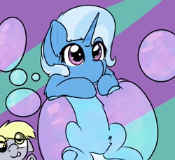 Size: 2834x2598 | Tagged: safe, artist:jubyskylines, character:derpy hooves, character:trixie, species:pegasus, species:pony, species:unicorn, abstract background, bubble, duo, female, floppy ears, mare, smiling, tongue out, underhoof