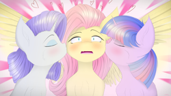 Size: 4800x2700 | Tagged: safe, artist:maneingreen, character:fluttershy, character:rarity, character:twilight sparkle, species:alicorn, species:pegasus, species:pony, species:unicorn, ship:rarishy, ship:twishy, blushing, cheek fluff, chest fluff, ear fluff, eyes closed, female, kiss on the cheek, kiss sandwich, kissing, lesbian, love, polyamory, rarishytwi, shipping, spread wings, wingboner, wings