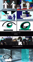 Size: 3300x6176 | Tagged: safe, artist:wheatley r.h., oc, oc only, oc:wheatley ii, oc:zaincard, species:earth pony, species:human, species:pony, angry, aperture science, blank flank, casserole, chair, close-up, clothing, comic, companion cube, dialogue, doctor who, drink, eye reflection, fear, fedora, gloves, green eyes, hair, hand, happy, hat, hide and seek, implied chrysalis, lab coat, laboratory, male, medic, messy hair, misspelling, old oc, old work, personality core, portal (valve), portal 2, reflection, shadow, smiling, spanish, spanish text, table, team fortress 2, test chamber, underground, vector, watermark, wheatley, wings